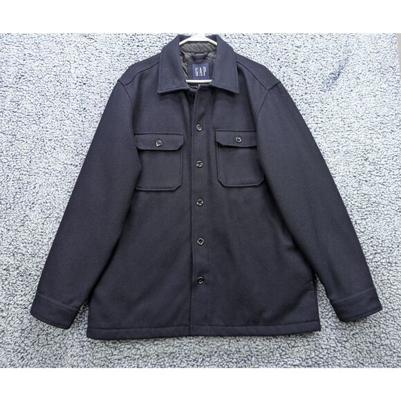 VTG GAP 100% Wool Quilt Lined Jacket Mens LG Button Pea Coat Classic Winter Blue - Picture 1 of 8
